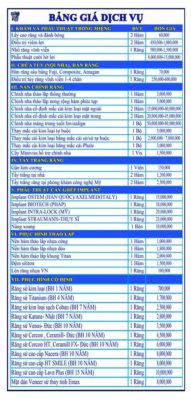 bảng giá dịch vụ nha khoa