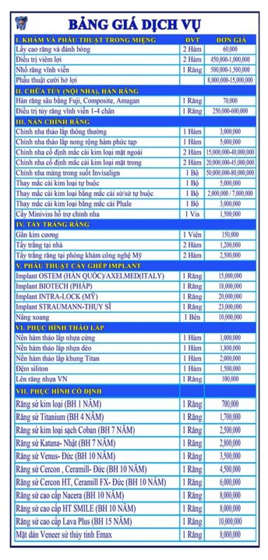 bảng giá dịch vụ nha khoa